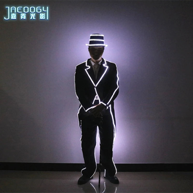 LED Illuminated Tuxedo for Stage, Mike, Mechanical Dance Show Suit, Bar Night Lights, Clothes Hats and Pants, High Quality