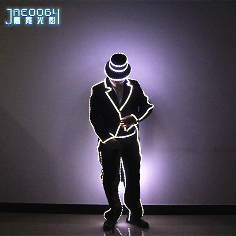 LED Illuminated Tuxedo for Stage, Mike, Mechanical Dance Show Suit, Bar Night Lights, Clothes Hats and Pants, High Quality