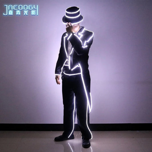 LED Illuminated Tuxedo for Stage, Mike, Mechanical Dance Show Suit, Bar Night Lights, Clothes Hats and Pants, High Quality