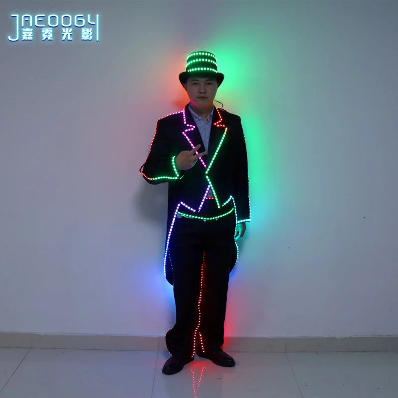 DJ Party LED Luminous Tuxedo, Multi-Mode, Remote Control, Rgb Stage Machinery, Dance Performance Clothes, Bar Night Light, Hat