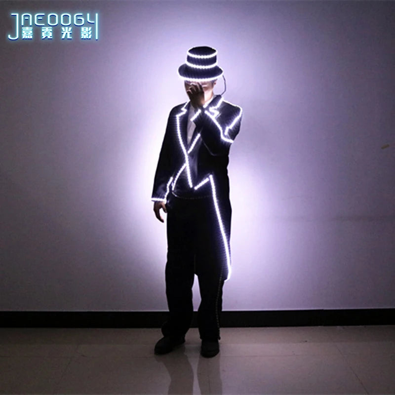 LED Illuminated Tuxedo for Stage, Mike, Mechanical Dance Show Suit, Bar Night Lights, Clothes Hats and Pants, High Quality