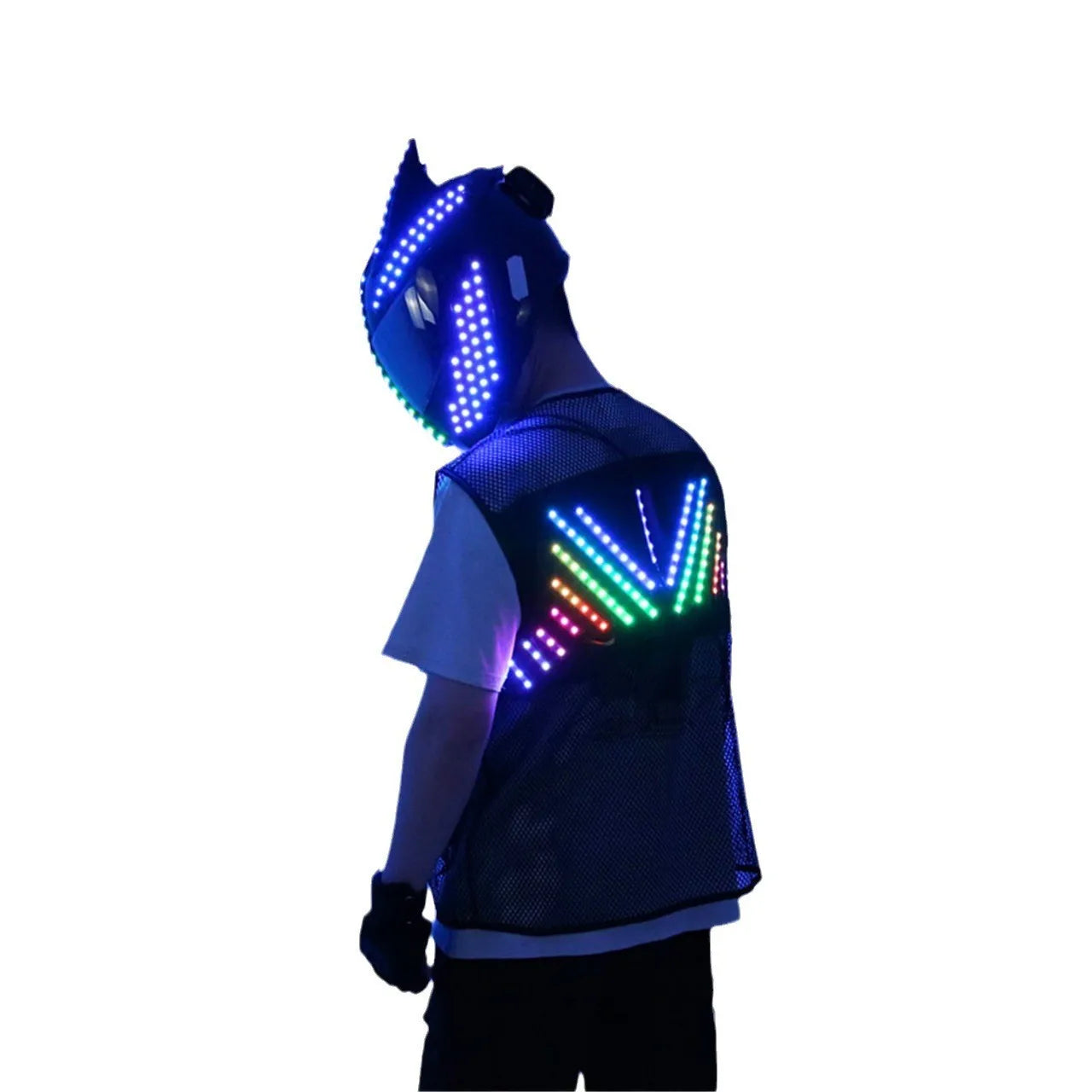 Colourful Luminous Costume Waistcoat, Cyberpunk Light-up Helmet, Suitable for Biker Show, Fluorescent Props