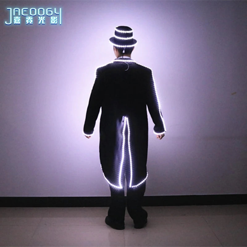 LED Illuminated Tuxedo for Stage, Mike, Mechanical Dance Show Suit, Bar Night Lights, Clothes Hats and Pants, High Quality